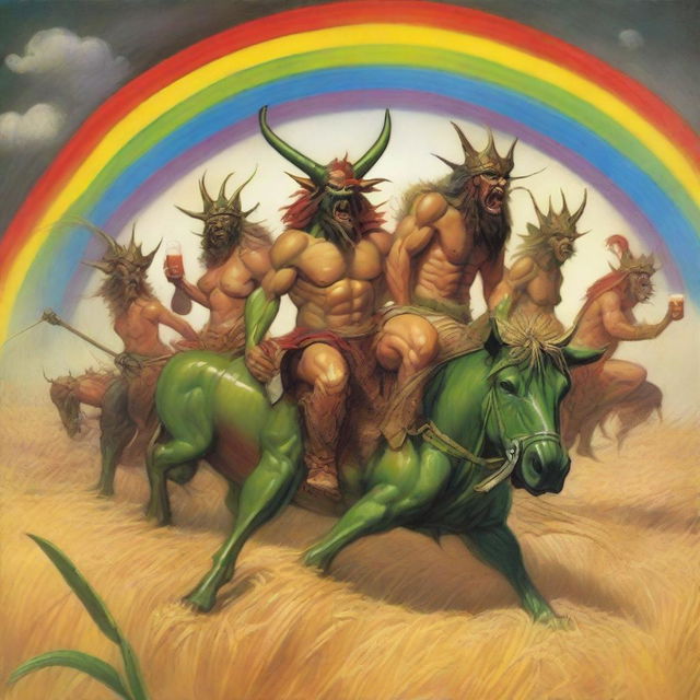 A group of grasshopper demons riding through the fields of barley into a storm with a rainbow in the background