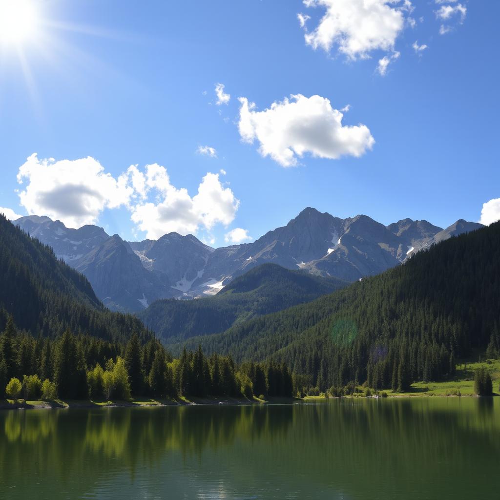 A beautiful landscape featuring a serene lake surrounded by lush green forests and majestic mountains in the background