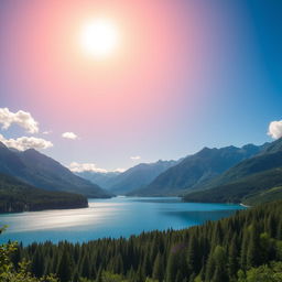 A beautiful landscape featuring a serene lake surrounded by lush green forests and majestic mountains in the background