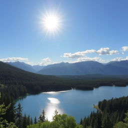 A beautiful landscape featuring a serene lake surrounded by lush green forests and majestic mountains in the background