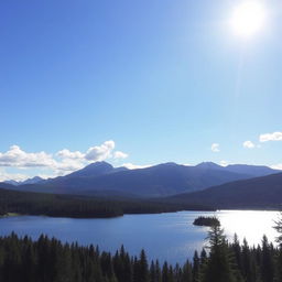 A beautiful landscape featuring a serene lake surrounded by lush green forests and majestic mountains in the background