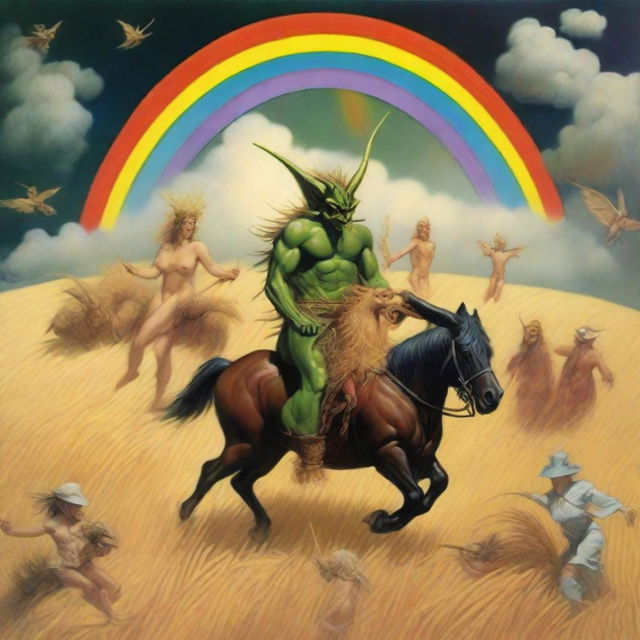 A surreal scene featuring grasshopper demons riding through fields of barley into a storm with a rainbow in the background