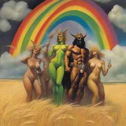 A surreal scene featuring grasshopper demons riding through fields of barley into a storm with a rainbow in the background