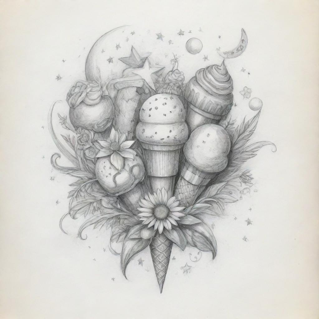 A pencil sketch of a bouquet where flowers are represented as an ice cream, sun, moon, and music note. The bouquet is decorated with star, leaf, candy, and gift-shaped toppings.