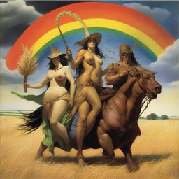 A surreal scene featuring grasshopper demons riding through fields of barley into a storm with a rainbow in the background