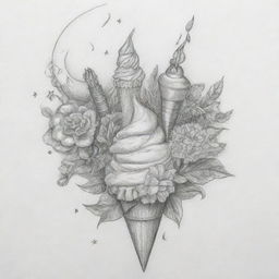 A pencil sketch of a bouquet where flowers are represented as an ice cream, sun, moon, and music note. The bouquet is decorated with star, leaf, candy, and gift-shaped toppings.