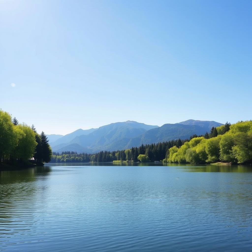 A serene landscape featuring a calm lake surrounded by lush green trees and mountains in the background under a clear blue sky