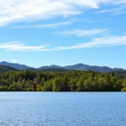 A serene landscape featuring a calm lake surrounded by lush green trees and mountains in the background under a clear blue sky