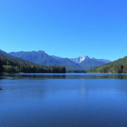 A serene landscape featuring a calm lake surrounded by lush green trees and mountains in the background under a clear blue sky