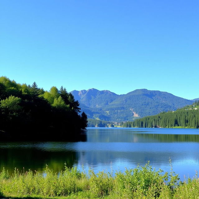 A serene landscape featuring a calm lake surrounded by lush green trees and mountains in the background under a clear blue sky