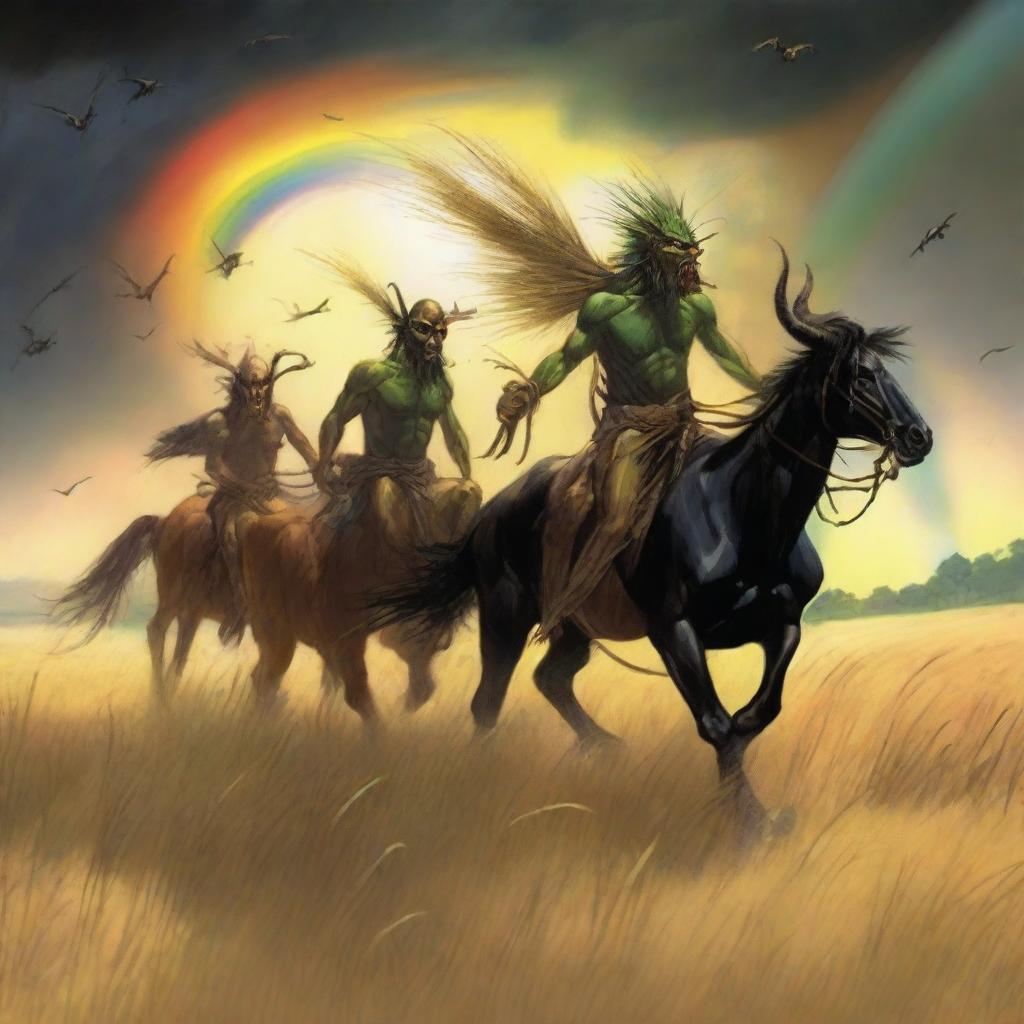 A group of grasshopper demons riding through vast fields of barley into a storm, with a rainbow and thunder in the background