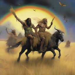 A group of grasshopper demons riding through vast fields of barley into a storm, with a rainbow and thunder in the background