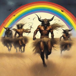 A group of grasshopper demons riding through vast fields of barley into a storm, with a rainbow and thunder in the background