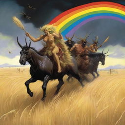 A group of grasshopper demons riding through vast fields of barley into a storm, with a rainbow and thunder in the background