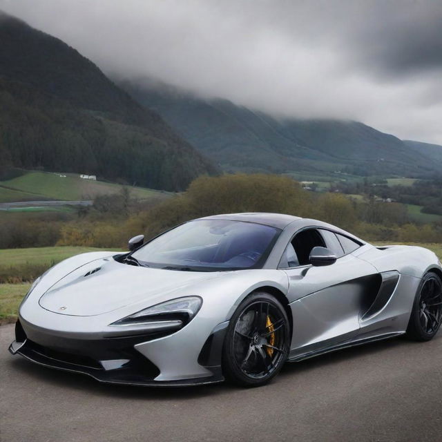 A sleek high-performance car that fuses the aerodynamics of a McLaren with the luxurious elegance and precision engineering of a Mercedes-Benz.