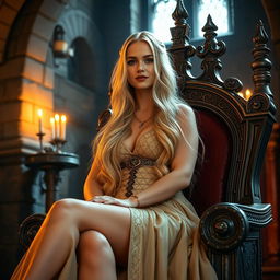 A beautiful woman, around 30 years of age, with big hips and a voluptuous figure, long blond hair, depicted as a queen in a middle-aged castle