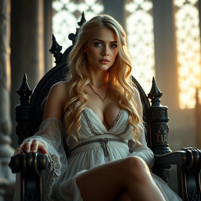 A beautiful woman, around 30 years of age, with big hips and a voluptuous figure, long blond hair, depicted as a queen in a middle-aged castle