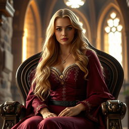 A beautiful woman, around 30 years of age, with big hips and a voluptuous figure, long blond hair, depicted as a queen in a middle-aged castle