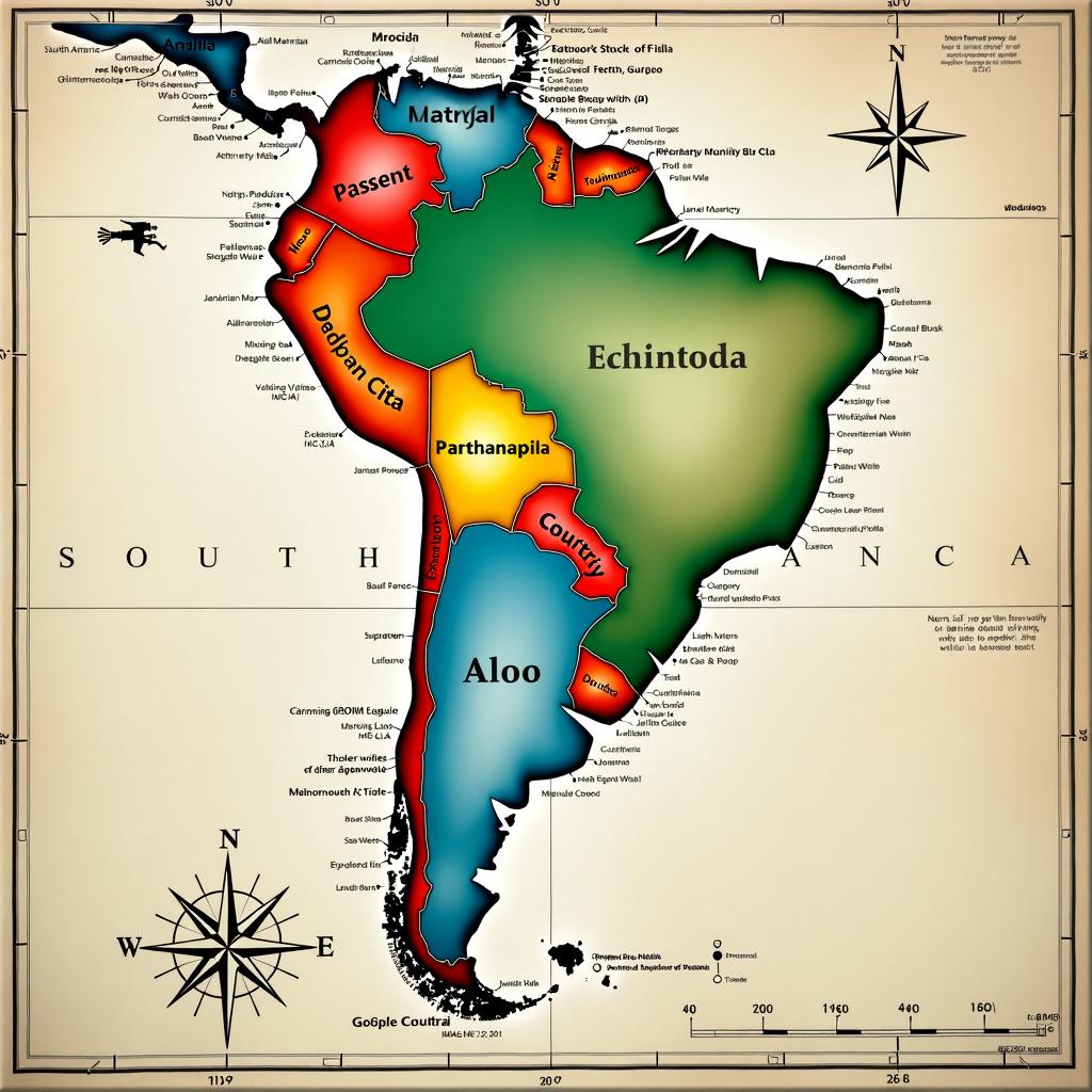 Create a detailed map of South America with countries, major cities, geographical features, a legend, compass rose, and scale bar