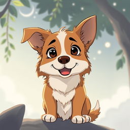 A Studio Ghibli-style illustration of a 'cachorro caramelo,' a beloved street dog from Brazil, with more white parts and a clearer brown coat