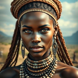 A very sexy and attractive African tribal woman with big boobs, captured in a realistic portrait