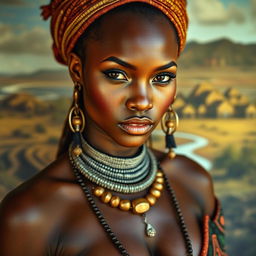 A very sexy and attractive African tribal woman with big boobs, captured in a realistic portrait