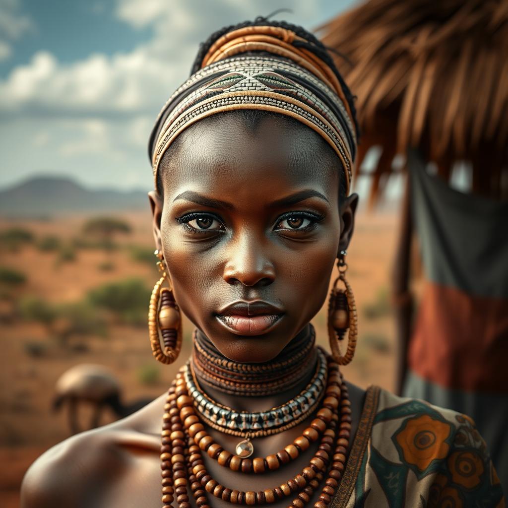 A very sexy and attractive African tribal woman with big boobs, captured in a realistic portrait