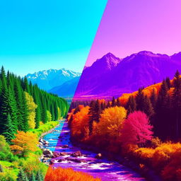 A vibrant and colorful image of a serene landscape featuring a lush forest, a flowing river, and majestic mountains in the background under a clear blue sky