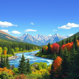 A vibrant and colorful image of a serene landscape featuring a lush forest, a flowing river, and majestic mountains in the background under a clear blue sky