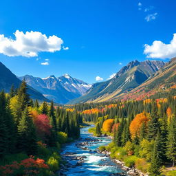 A vibrant and colorful image of a serene landscape featuring a lush forest, a flowing river, and majestic mountains in the background under a clear blue sky