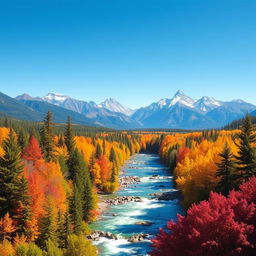 A vibrant and colorful image of a serene landscape featuring a lush forest, a flowing river, and majestic mountains in the background under a clear blue sky