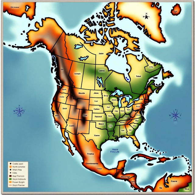 Create a detailed map of North America with countries, major cities, geographical features, a legend, compass rose, and scale bar