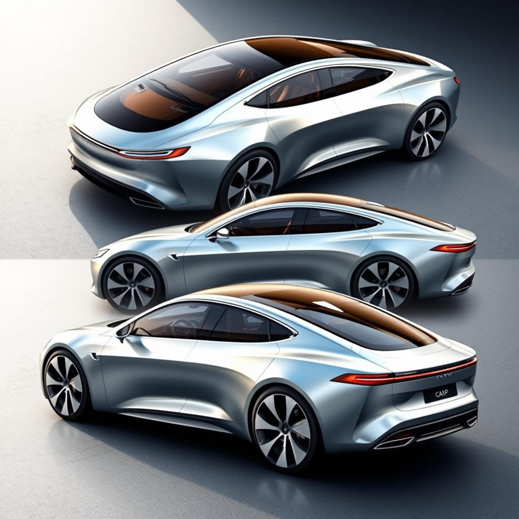 Create a concept image of a luxury electric vehicle (EV) 4-door sedan, showcasing the car from all angles