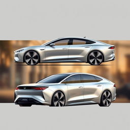 Create a concept image of a luxury electric vehicle (EV) 4-door sedan, showcasing the car from all angles