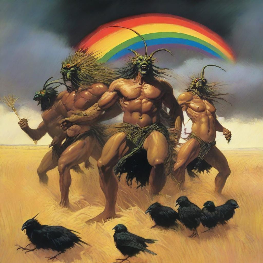 A group of grasshopper demons riding through vast fields of barley into a storm, with a rainbow and thunder in the background