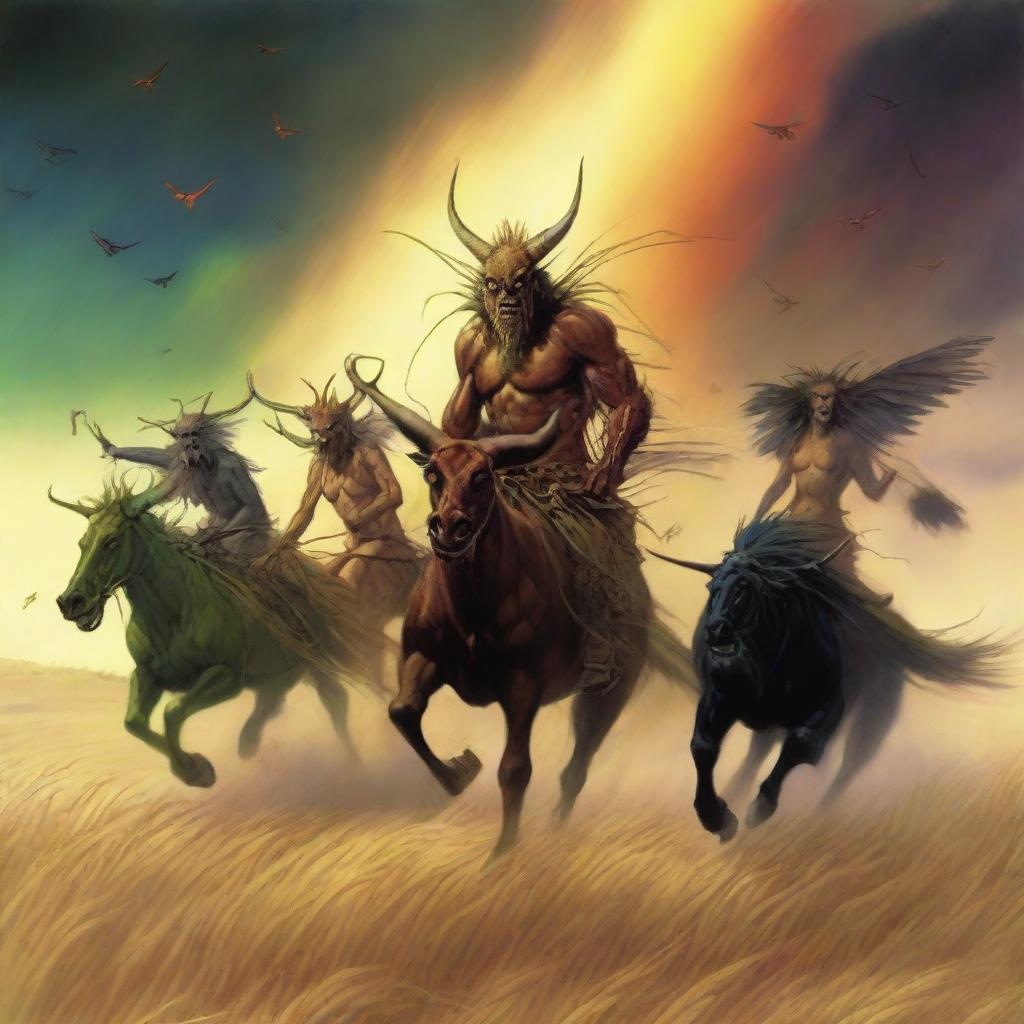 A group of grasshopper demons riding through vast fields of barley into a storm, with a rainbow and thunder in the background