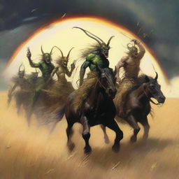 A group of grasshopper demons riding through vast fields of barley into a storm, with a rainbow and thunder in the background