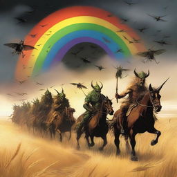 A group of grasshopper demons riding through vast fields of barley into a storm, with a rainbow and thunder in the background