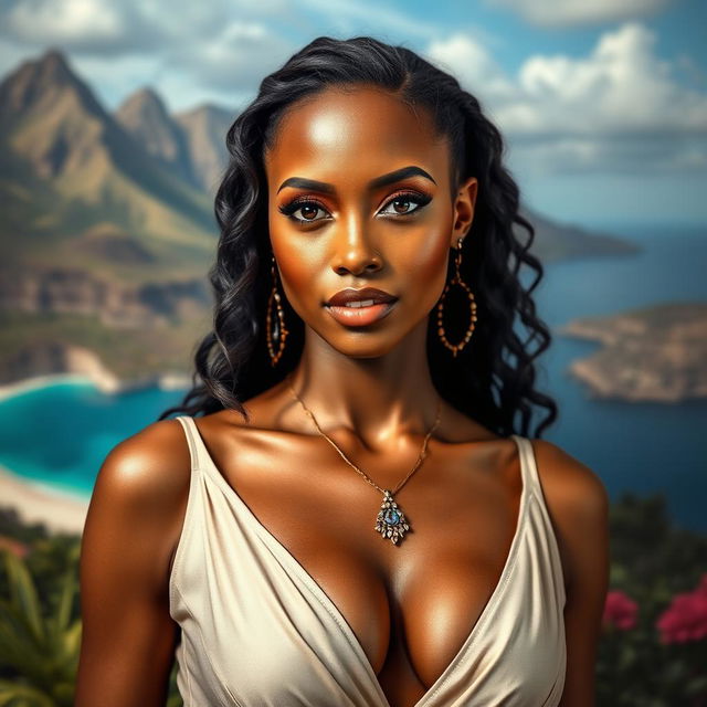 A very sexy and attractive woman from Cabo Verde with big boobs, captured in a realistic portrait