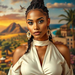 A very sexy and attractive woman from Cabo Verde with big boobs, captured in a realistic portrait