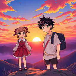 A manga-style girl and a manga-style boy standing on a mountain at sunset