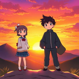 A manga-style girl and a manga-style boy standing on a mountain at sunset