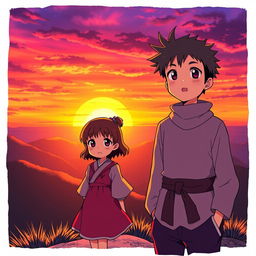 A manga-style girl and a manga-style boy standing on a mountain at sunset