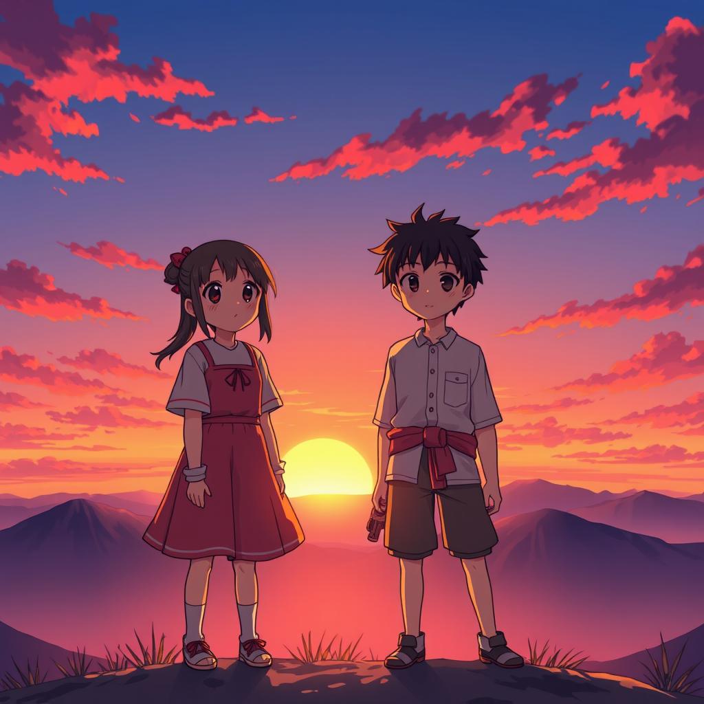 A manga-style girl and a manga-style boy standing on a mountain at sunset