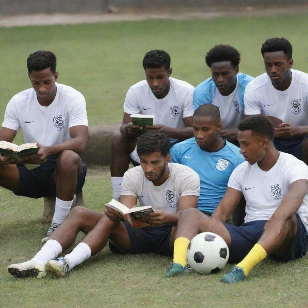 A group of footballers sitting together, engrossed in studying a book titled 'Respect'. The setting exudes an academic ambiance mixed with sporty energy.