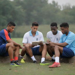 A group of footballers sitting together, engrossed in studying a book titled 'Respect'. The setting exudes an academic ambiance mixed with sporty energy.