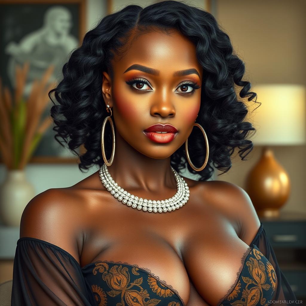 A very sexy and attractive South Sudanese woman with big boobs, captured in a realistic portrait