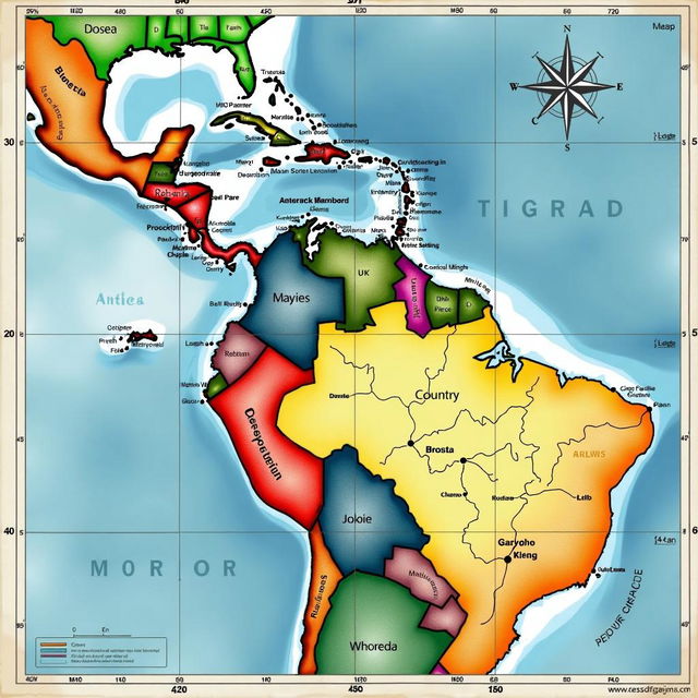 Create a detailed map of Central America with countries, major cities, geographical features, a legend, compass rose, and scale bar