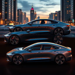 Create a hyper-realistic concept image of a luxury electric vehicle (EV) 4-door sedan, showcasing the car from all angles in ultra-detailed 8K resolution