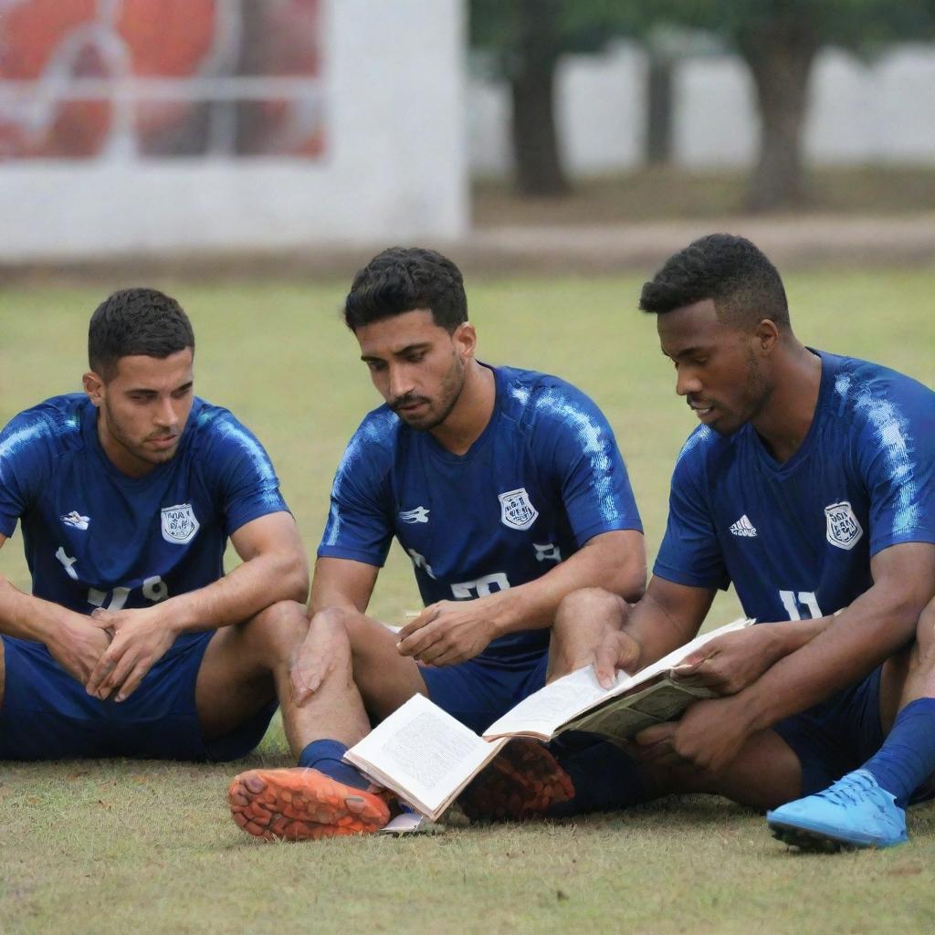 A group of footballers sitting together, engrossed in studying a book titled 'Respect'. The setting exudes an academic ambiance mixed with sporty energy.